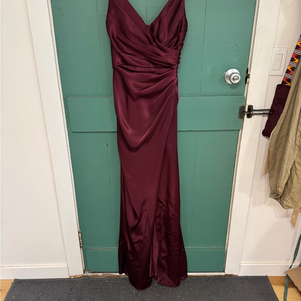 Elegant Burgundy Satin Maxi Dress with Draped Bodice